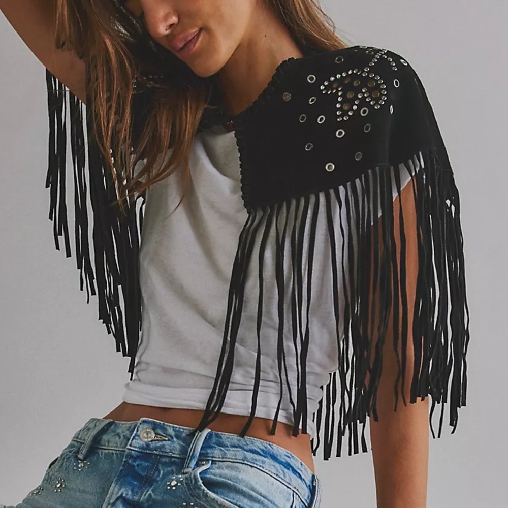 Free People Lights Out Embellished Fringe Suede Cape - Black - NWT